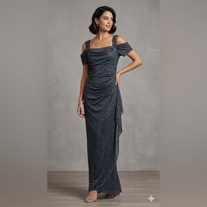 Alex Evenings 16 Cold-Shoulder Glitter Mesh Maxi Gown‎ Smoke Gray